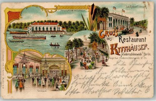 10115 O1190 Niederschöneweide 1899 Lithographie Gasthaus Kyffhäuser Robert Tismer Dampfer Ruderboote