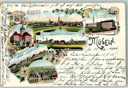 04769 O7263 Mügeln b Oschatz 1902 Lithographie Ofen Porzellan und Tonwaren Fabrik Kgl. Amtsgericht Paschkowitzer Kalkwerke Bahnhof Bahnhofstraße Lindenstraße