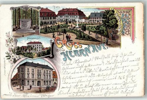 02747 O8709 Herrnhut 1900 Lithographie Platz Mädchenanstalt Gasthaus