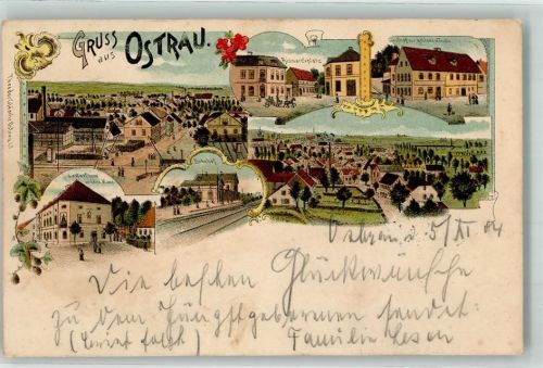 Ostrau 1904 Gasthaus Zum wilden Mann Bahnhof Bismarckplatz Gasthaus Zur goldenen Taube Bahnpost Chemnitz - Riesa Zug 1438
