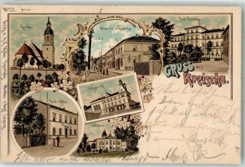 01731 O8216 Kreischa b Dresden 1898 Lithographie Kirche Bad Erbgericht Parkhotel Schloss