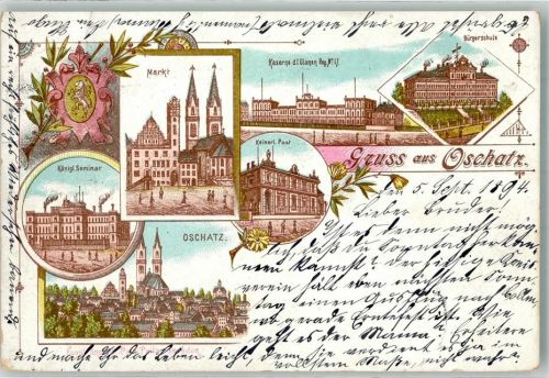 04758 O7260 Oschatz 1894 Lithographie Kgl. Seminar Markt Kaiserl. Post Kasernen der Ulanen Regt. Nr 17 Bürgerschule Vorläufer