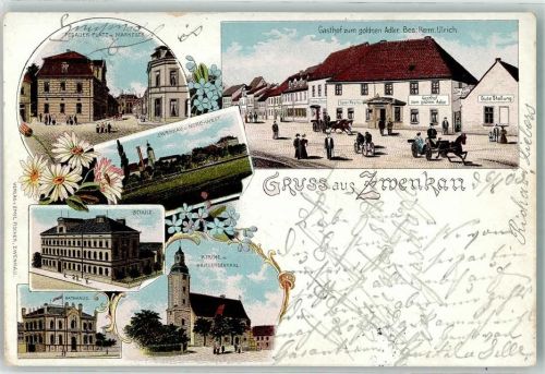 Zwenkau 1906 Pegauer Platz Marktstraße Gasthaus Zum goldenen Adler Herm. Ulrich Schule Rathaus Kirche Kriegerdenkmal
