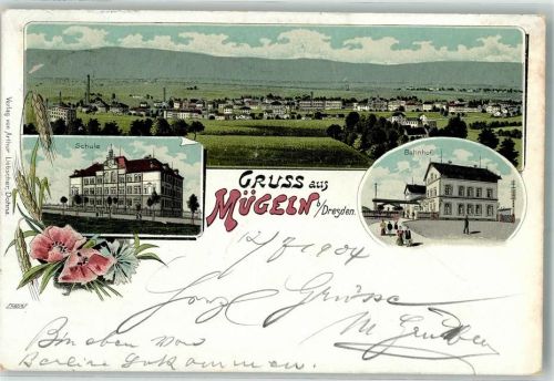 04769 O7263 Mügeln b Oschatz 1904 Lithographie Schule Bahnhof