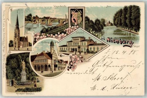 31582 W3070 Nienburg Weser 1898 Lithographie Weserbrücke Kirche Aue Bahnhof Rathaus Kriegerdenkmal