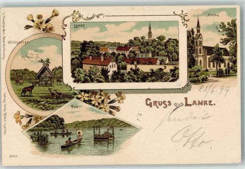 16348 O1281 Lanke 1899 Lithographie Wildgatter Kirche See Ruderboote