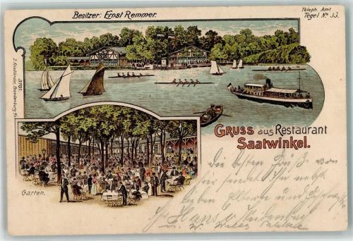 10115 W1000 Reinickendorf 1904 Lithographie Gasthaus Saatwinkel Ernst Remmer Raddampfer Segelboote Ruderboote
