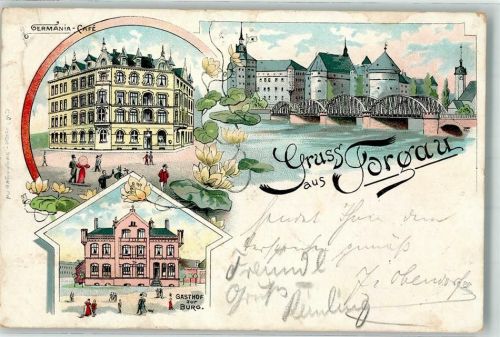 04860 O7290 Torgau 1898 Lithographie Germania Cafe Gasthaus Zur Burg