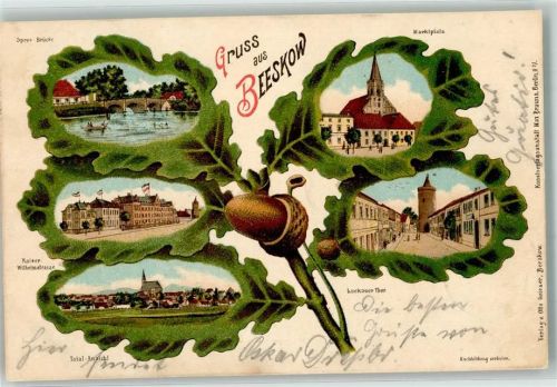 Beeskow 1900 Kaiser Wilhelmstraße Spree Brücke Marktplatz Luckauer Tor Eichenblatt Passepartout