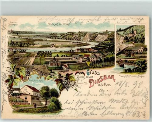 01612 O8401 Diesbar-Seußlitz 1898 Lithographie Dampfschiffstation Gasthaus Zum Ross Schloss Hirschstein Elbthal