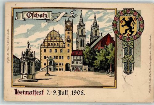 04758 O7260 Oschatz Lithographie Heimatfest 1906 Wappen Off. Festpostkarte