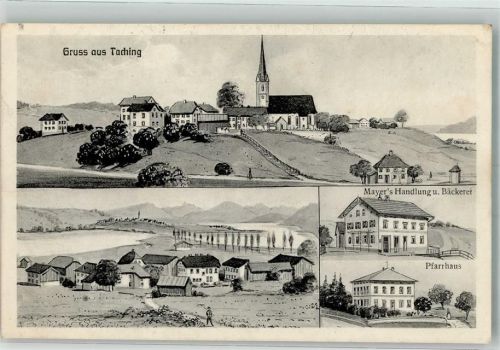 83373 W8221 Taching a. See 1912 Lithographie Bäckerei Mayer Pfarrhaus Dorfkirche