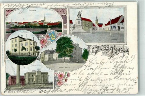 04425 O7127 Taucha b Leipzig 1905 - Marktplatz Schule Rathaus Krankenhaus Elektrizitätswerk