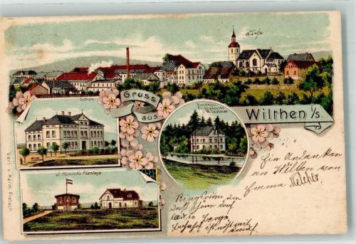 02681 O8609 Wilthen 1907 Lithographie J. Hünlichs Plantage Schule Fischhaus Forellenzucht M. Teubner