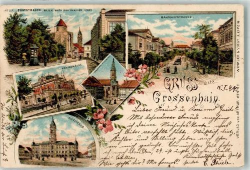 01558 O8280 Großenhain , Sachs 1899 Lithographie Poststraße Bahnhofstraße Stadthauptkirche Postgebäude Rathaus