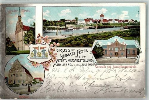 Mühlberg 1901 Heimat-Fest Altertümer-Ausstellung Altstädter Kirche Rathaus Turnhalle Wappen 1901