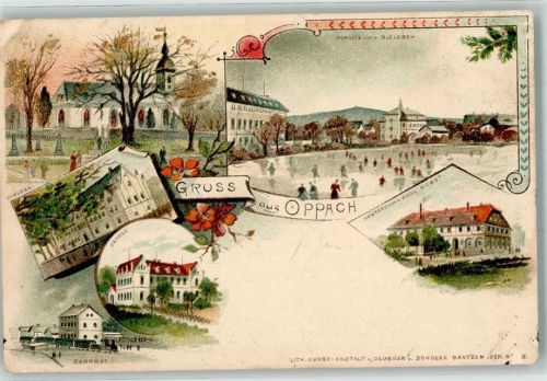 02736 O8717 Oppach Lithographie Kretscham Paul Wobst Schloss Schule Kirche Bahnhof Schulteich Bieleboh
