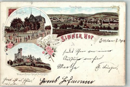 35764 W6349 Sinn , Hess 1898 Lithographie Gasthaus Sinner Hof Burg Greifenstein