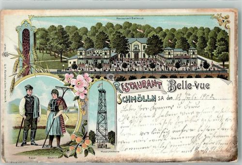 04626 O7420 Schmölln , Thür 1902 Lithographie Bauernpaar Aussichtsturm Gasthaus Belle-Vue
