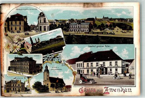 Zwenkau 1908 Pegauer Platz Marktstraße Schule Rathaus Kirche Kriegerdenkmal Gasthaus Goldner Adler