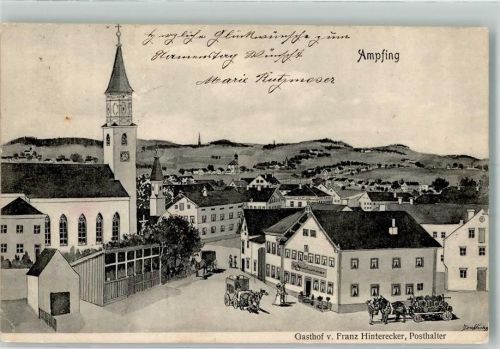 84539 W8261 Ampfing 1906 Lithographie Gasthaus Hinterecker Postkutsche Fuhrwek Pfarrkirche St. Margareta signiert
