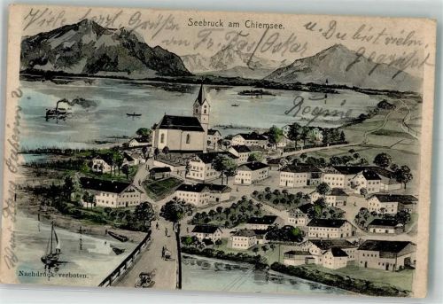83358 W8221 Seebruck , Chiemsee Lithographie Chiemsee Alpenpanorama Zeichnung