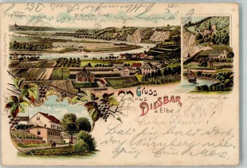 01612 O8401 Diesbar-Seußlitz 1898 Lithographie Dampfschiffstation Gasthaus zum Ross Elbtal