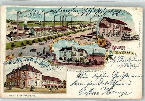 59320 W4722 Ennigerloh Lithographie Portland-Zemenfabrik "Rhenania" Betriebsgebäude Bahnhof Gasthaus zum Bahnhof Bahnpoststempel