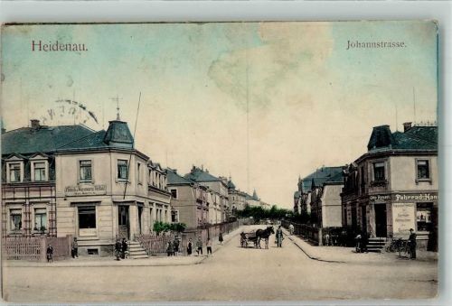 Heidenau 1911 Johannstraße Fahrrad-Geschäft Pferdefuhrwerk Metzgerei
