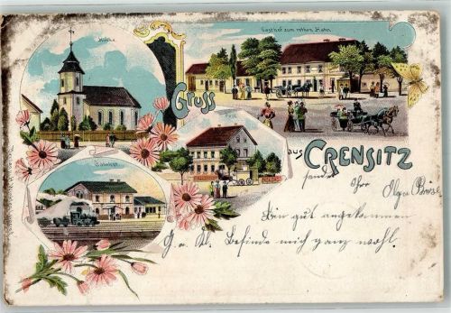 Krensitz 1901 Dorfkirche Gasthaus zum roten Hahn Post Bahnhof Bahnpoststempel