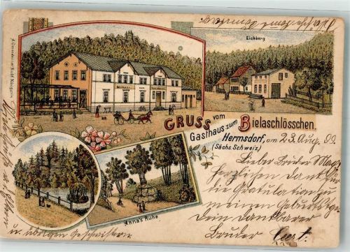 01776 O8231 Hermsdorf /Erzgeb. 1899 Lithographie Gasthaus zum Bielaschlößchen Anna's Ruhe Eichberg Nachporto