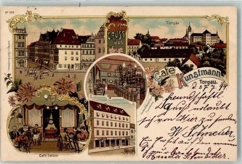 04860 O7290 Torgau 1899 Lithographie Cafe Kunstmann Cafe-Salon Conditorei & Marzipanfabrik Kuchentheke