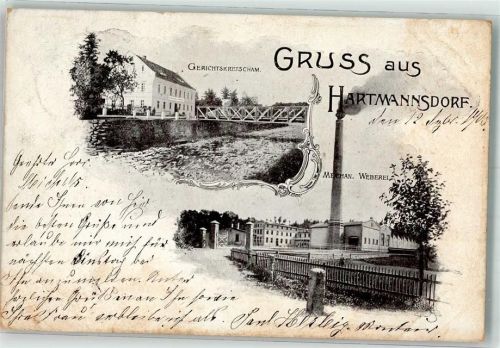 Hartmannsdorf 1903 Gerichtskretscham Mech. Weberei Bahnpost Bahnpost