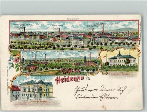 01809 O8312 Heidenau , Sachs 1899 Lithographie Schule Gasthaus zu Heidenau Komer-Fahrrad-Werke Elektr. Werke