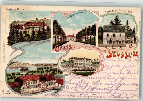 01612 O8401 Diesbar-Seußlitz 1903 Lithographie Schloß Kirche Geschäftshaus Ulrich Gasthaus Seusslitz