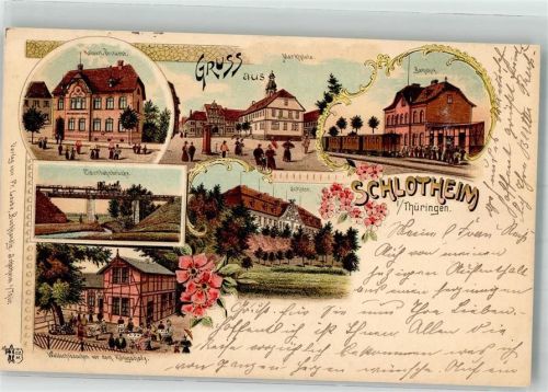 99994 O5706 Schlotheim 1902 Lithographie Kaiserl. Postamt Marktplatz Gasthaus Waldschlößchen Eisenbahnbrücke Bahnhof