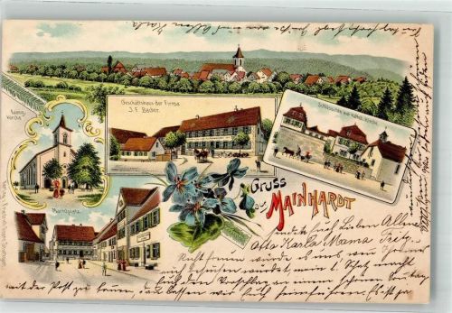 74523 W7173 Mainhardt Lithographie Ev. Kirche Geschäftshaus Firma J. F. Bacher Schlösschen Kath. Kirche Marktplatz Veilchen
