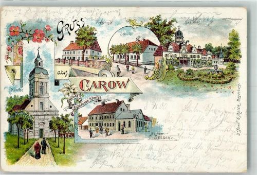 18276 O2601 Karow b Güstrow 1900 Lithographie Schloß Kirche Gasthaus zum goldenen Stern