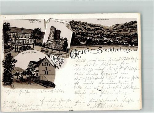 06507 O4301 Stecklenberg 1899 Lithographie Gasthaus Zum grünen Walde Gebrigs-Hotel Lauenburg Vorläufer