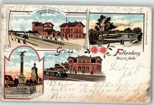 Falkenberg 1900 Kriegerdenkmal Oberer Bahnhof Bahnhofgasthaus Anlagen