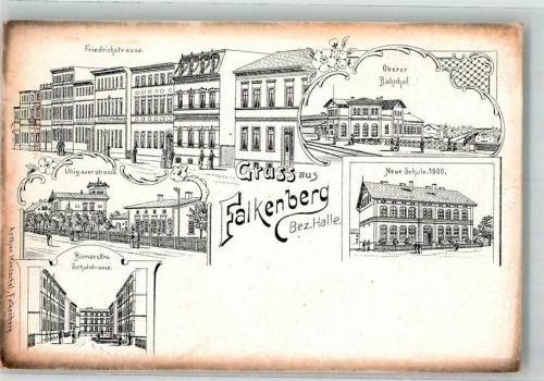 04895 O7900 Falkenberg , Elster Lithographie Oberer Bahnhof Neue Schule Übigauerstraße Friedrichstraße