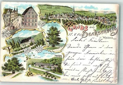 35104 W3540 Sachsenberg , Waldeck 1900 Lithographie Pfingstlinde Reckenberg Hexenbuche Schloss Lichtenfels Gut Sand