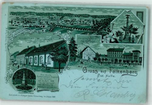 Falkenberg 1900 Gedenkstein Hotel Preussischer Hof Gasthaus zur goldenen Krone Apotheke