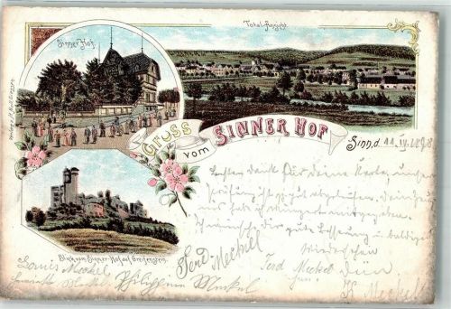 35764 W6349 Sinn , Hess 1898 Lithographie Gasthaus Sinner Hof Burg Greifenstein