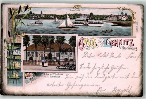 16515 O1407 Lehnitz 1899 Lithographie Gasthaus Lehnitzsee H. Scheinhardt Raddampfer Segelboote Seerosen