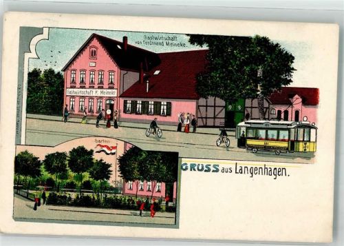 30851 W3012 Langenhagen , Han Lithographie Gasthaus Meineke Gartenwirtschaft Straßenbahn Fahrräder