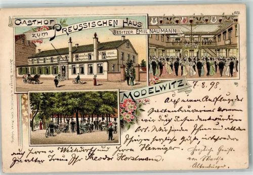 04435 O7144 Modelwitz b Leipzig 1898 Lithographie Gasthaus zum Preussischen Hof Saal Garten