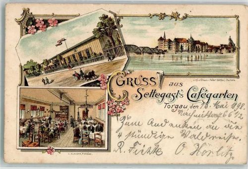 04860 O7290 Torgau 1898 Lithographie Cafegarten Stettegast Gastraum Elbbrücken