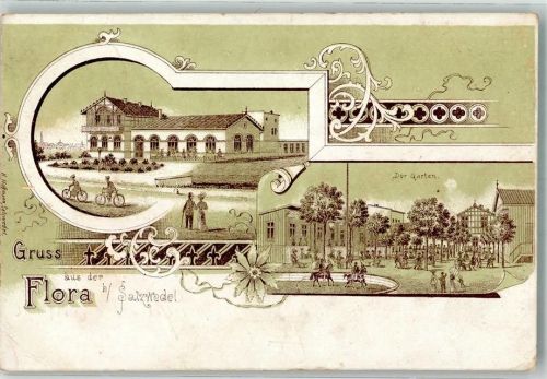 29410 O3560 1910 Lithographie Etablissement Flora Radfahrer Garten Passepartout