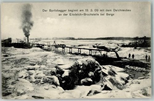 Berge 1909 Elbdeich-Bruchstelle Deichneubau Spritzbagger 13. 03. 1909 Winter